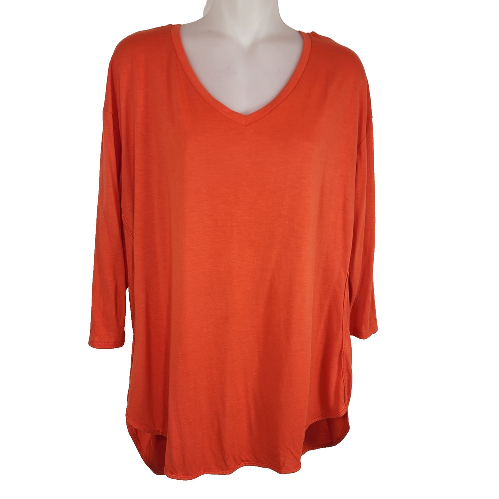 Stylus Womens Tunic Tee Orange Large V Neck Knit 3/4 Sleeve Casual Boho Resort